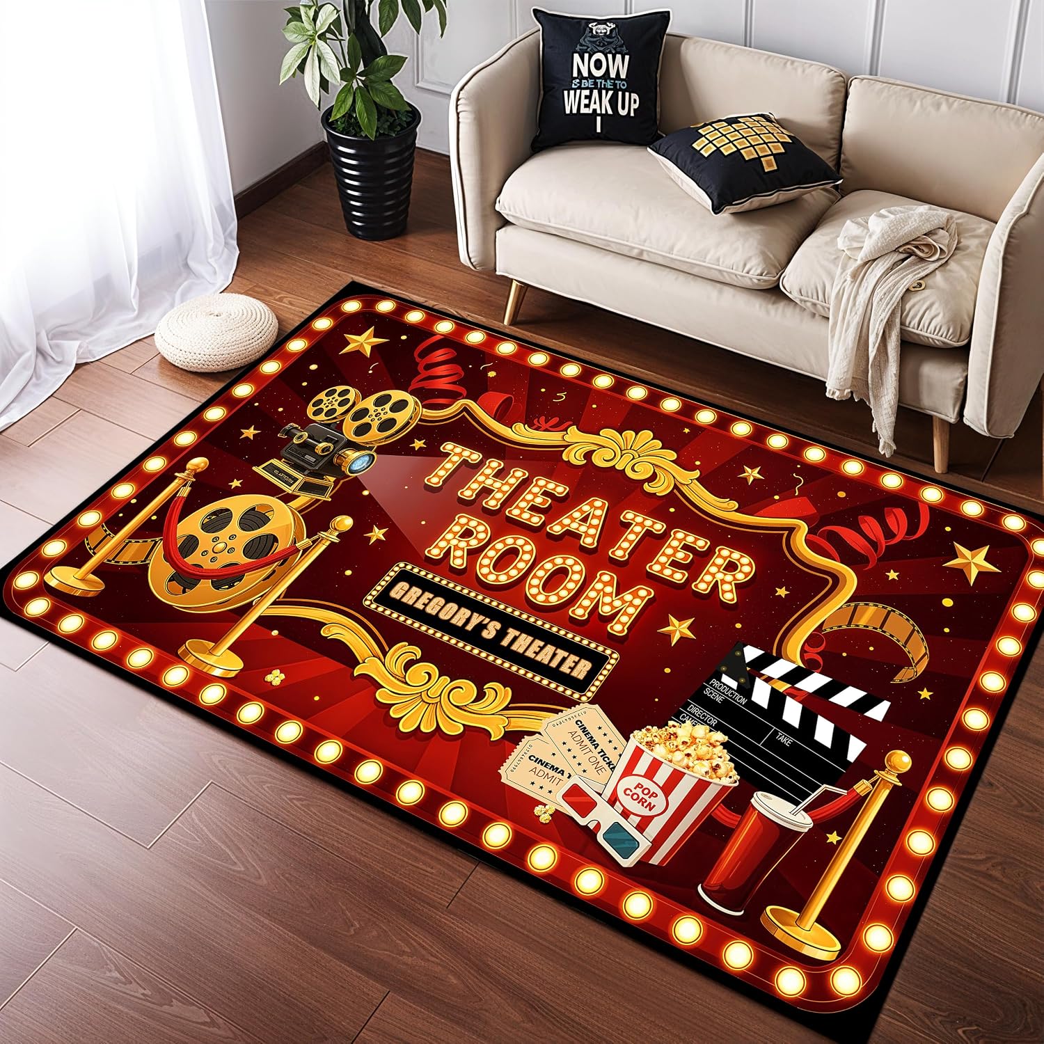 Home Cinema Experience - Custom Lettering Cinema Rug, Soft Non-Slip
